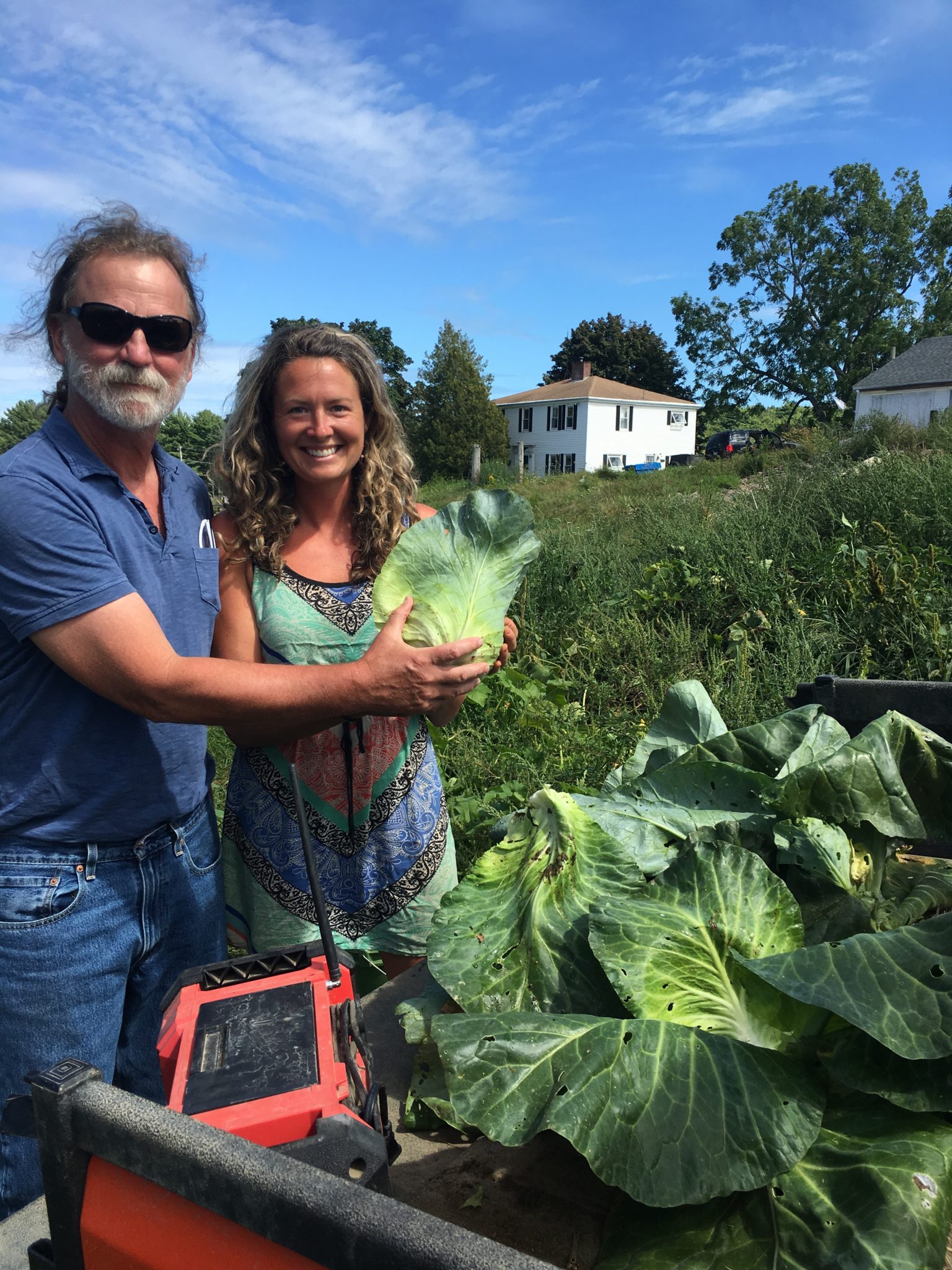 Man and woman at the farm holding a cabbage