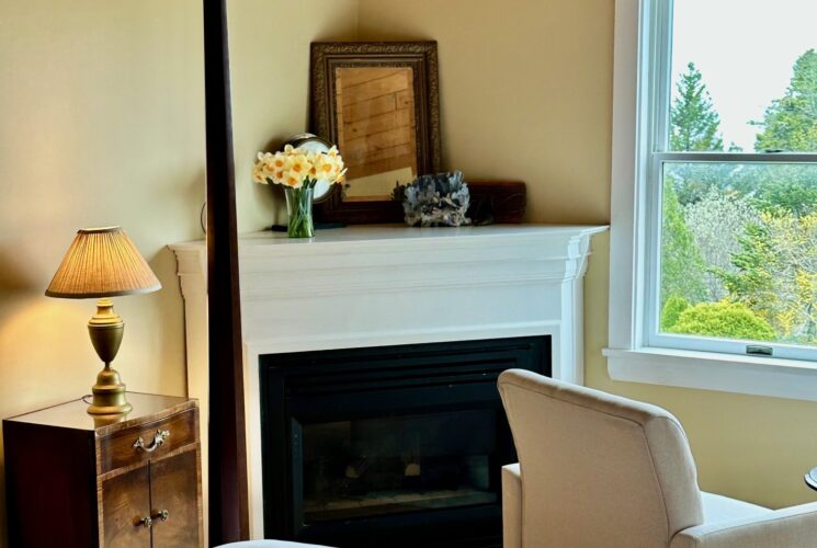 View of the corner fireplace and back window. Golden walls frame the mirror, daffodils and nautical memorabilia on the fireplace mantel.