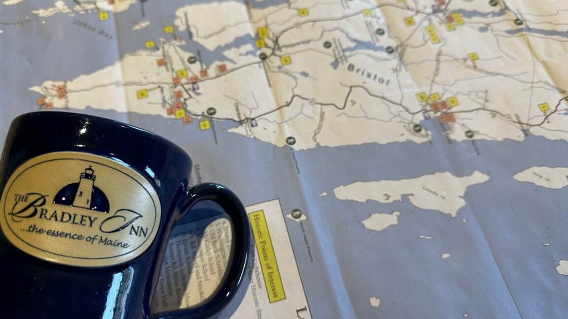 Map of Bristol Maine, Pemaquid Peninsula with a Bradley Inn Mug