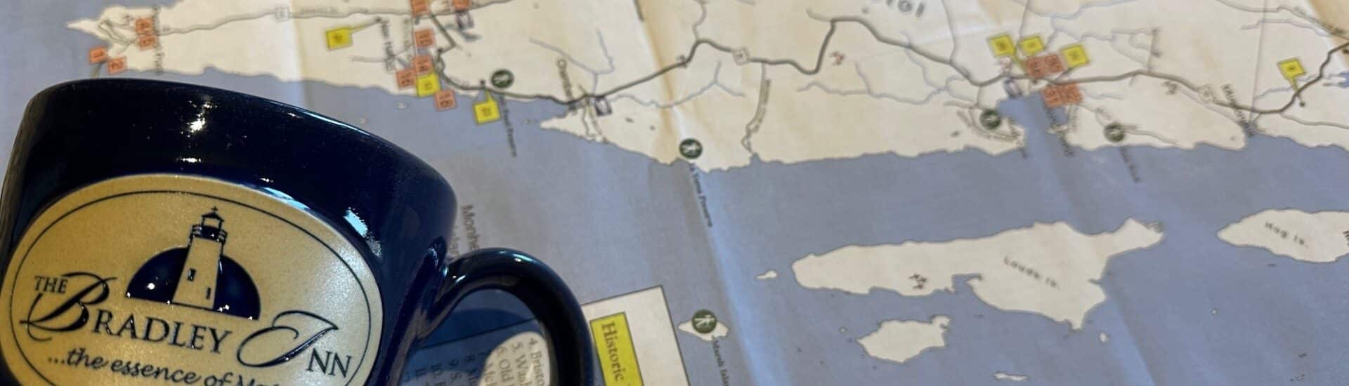 Map of Bristol Maine, Pemaquid Peninsula with a Bradley Inn Mug