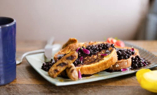 French toast with Maine blueberries and sausage with coffee