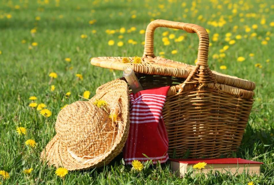 Picnic basket, straw hat, and book sitting on green grass full of yellow flowers